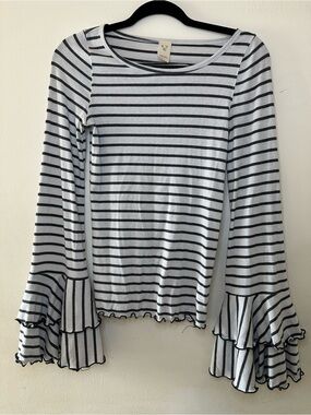 We The Free Grey & White Striped Ruffle Bell-Sleeve Top